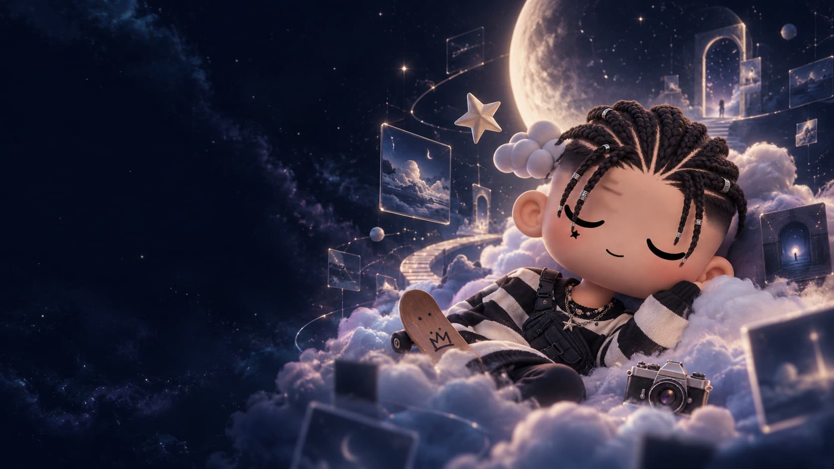 Nyx, the God of Sleep, dreaming on clouds beneath a giant moon